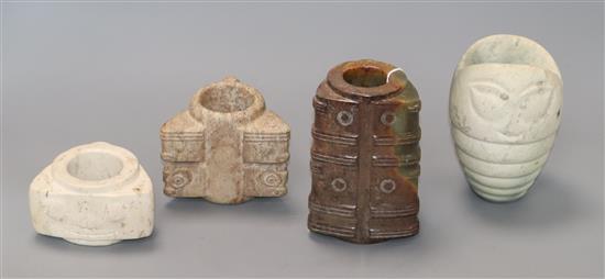 Three Chinese archaistic jade and hardstone cong and a white stone carving, H. 5.5cm - 13cm